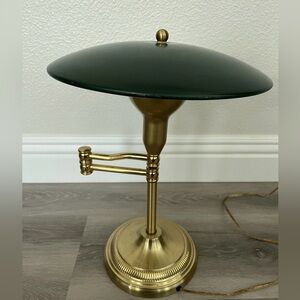 Mid Century Atomic UFO Saucer Disc Swivel Green and Gold Desk Table Lamp